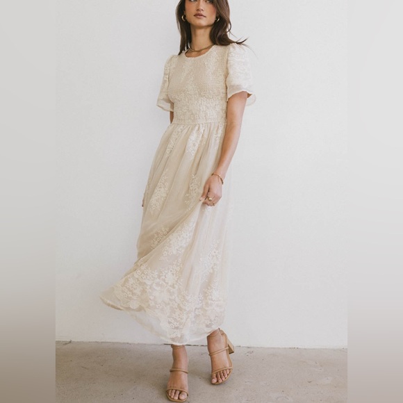 Bohme Alora Embroidered Floral Champagne Cream Tulle Maxi Dress Size Medium - Picture 1 of 16